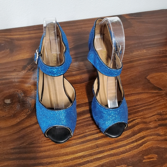 Burju Latin Dance Shoe Women's 9.5 Blue Glitter Sparkle Peep Toe Salsa - Picture 12 of 14